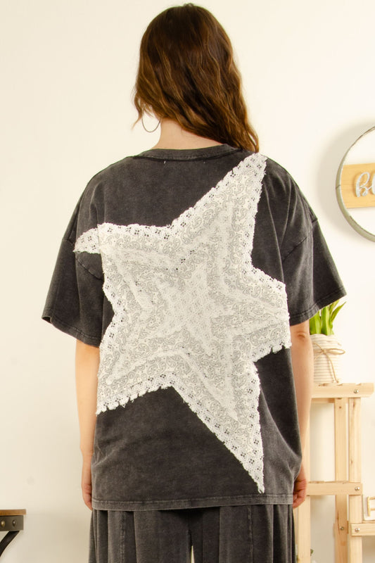 MINERAL WASHED COTTON STAR PATCH SHORT SLEEVE TOP