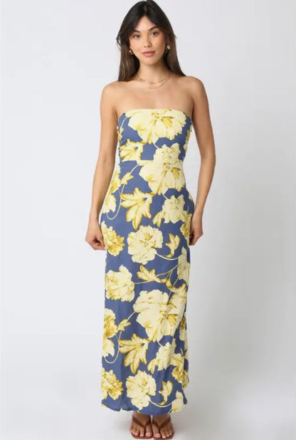 NATALIE DENIM DRESS IN BLUE AND GOLD