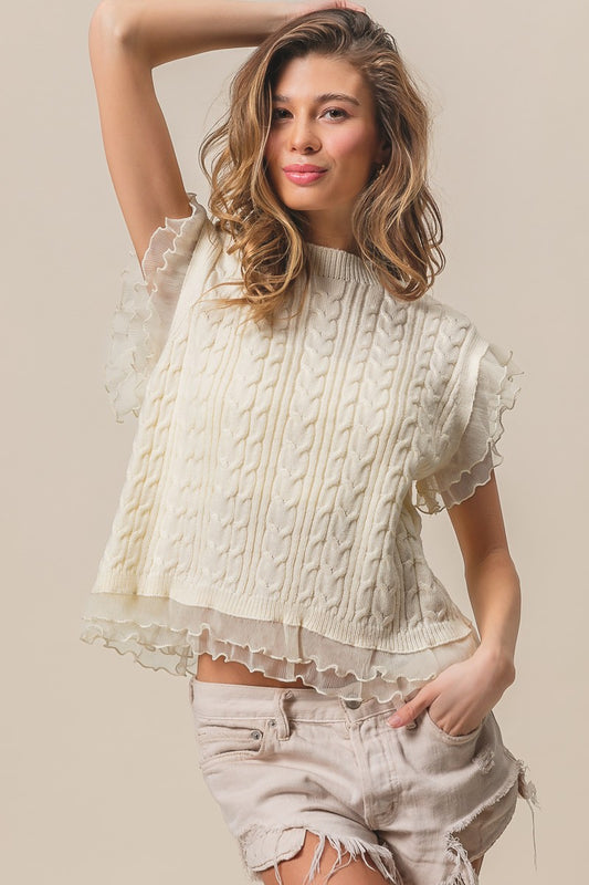 LAYERED PLEATS CHIFFON KNIT TOP IN CREAM AND BLACK