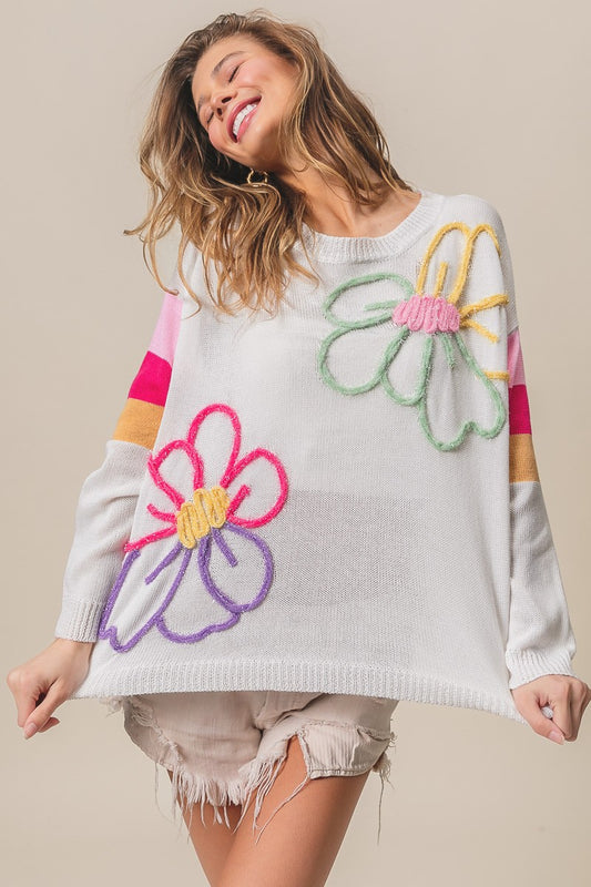 STRIPED SLEEVE MULTI COLOR FLOWER LIGHTWEIGHT SWEATER