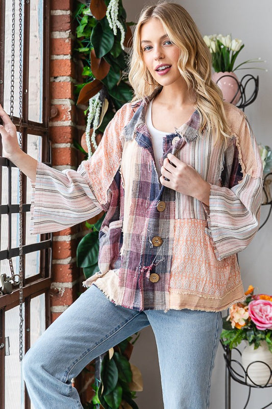 WASHED FABRIC MIXED BUTTONDOWN SHIRT TOP