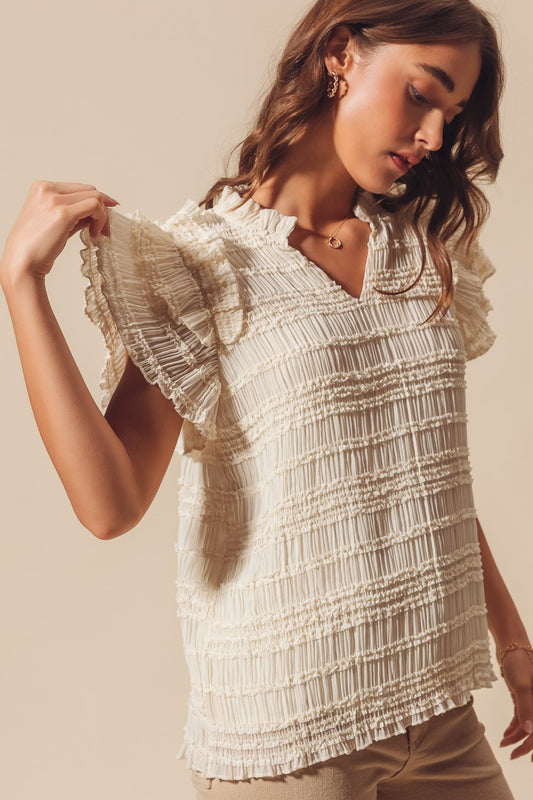 FLOWY WOVEN SHIRRED ELEGANT BOHO TOP WITH RUFFLES