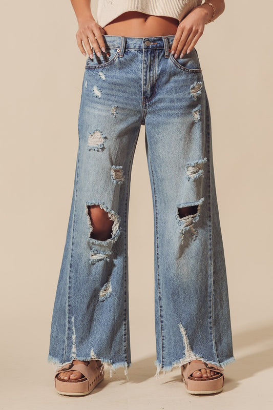 MID RISE WIDE FIT DESTRUCTED AND DISTRESSED JEANS