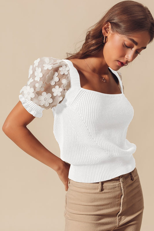 FLORAL LACE PUFF SLEEVE SQUARE NECK KNIT SWEATER TOP IN WHITE