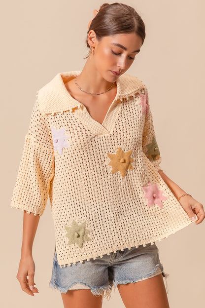 FLOWER OPEN KNIT SWEATER TOP WITH POM POM EDGE