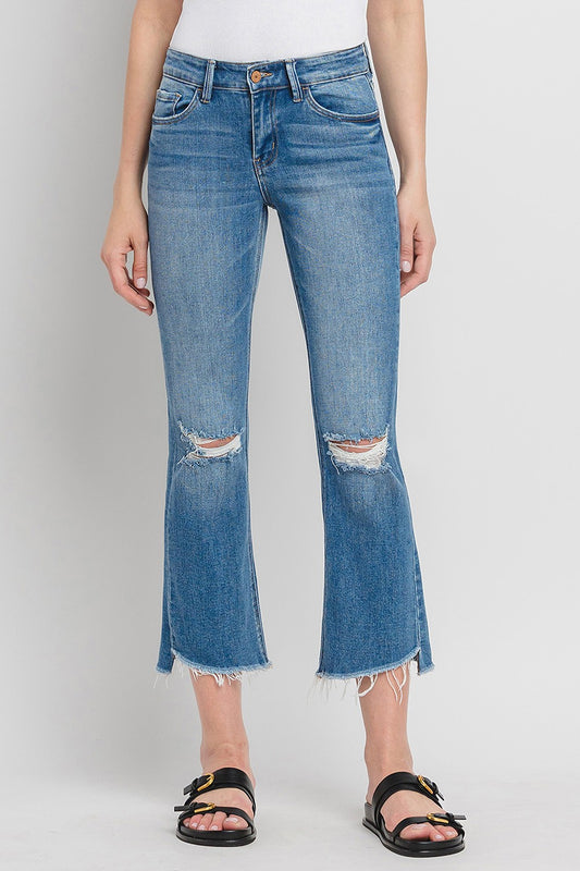 VERVET MID RISE RAW STEP HEM KICK FLARE JEANS