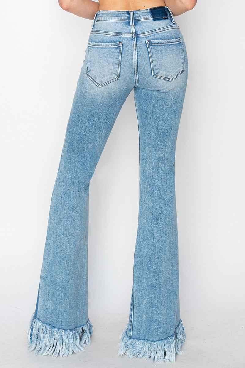 MID RISE FLARE LONG FRAY JEANS