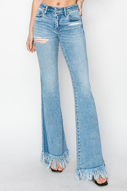 MID RISE FLARE LONG FRAY JEANS