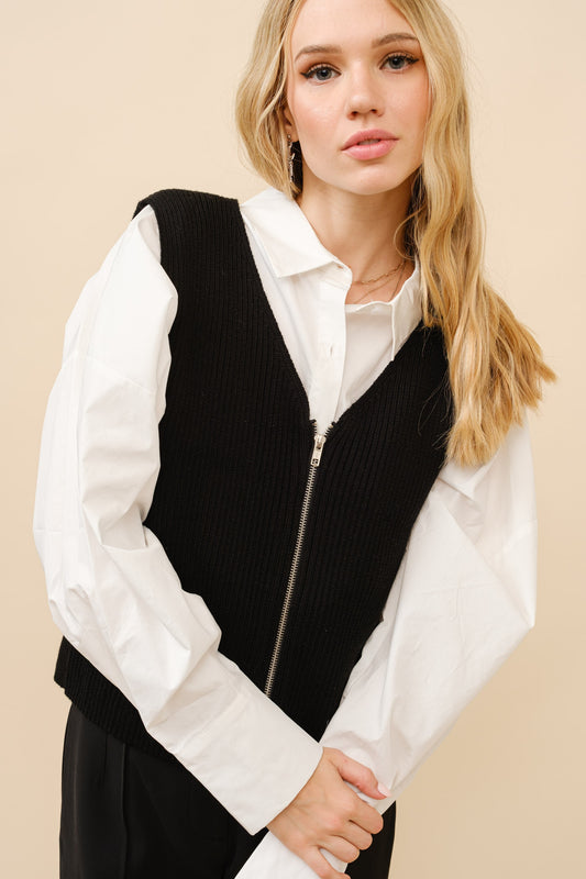 V Neck Rib Zip Up Sweater Vest IN BLAC AND WHITE