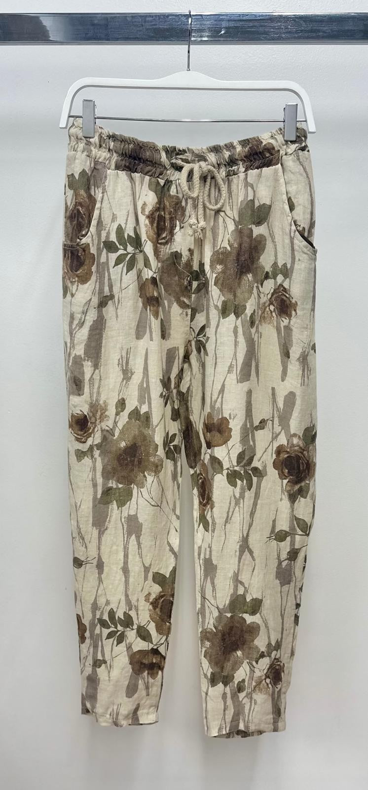 BROWN ROSE PRINT DRAWSTRING JOGGERS IN Beige Floral