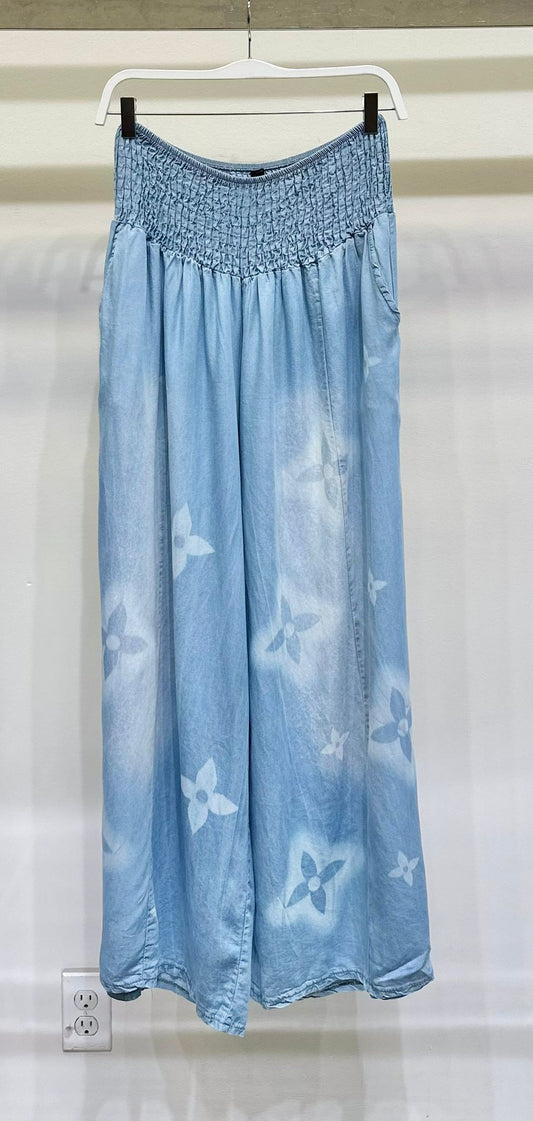 PINWHEEL FLORAL PRINT SMOCKED WAIST PALAZZO PANT