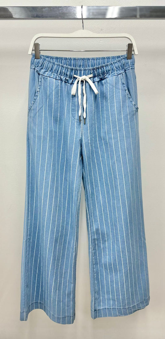 CHAMBRAY DRAWSTRING PINSTRIPE WIDE LEG PANT IN LIGHT DENIM