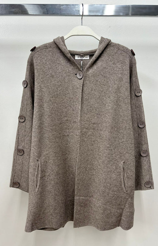 KNIT HOODED PONCHO WITH BUTTON DETAIL ON SLEEVE in mocha