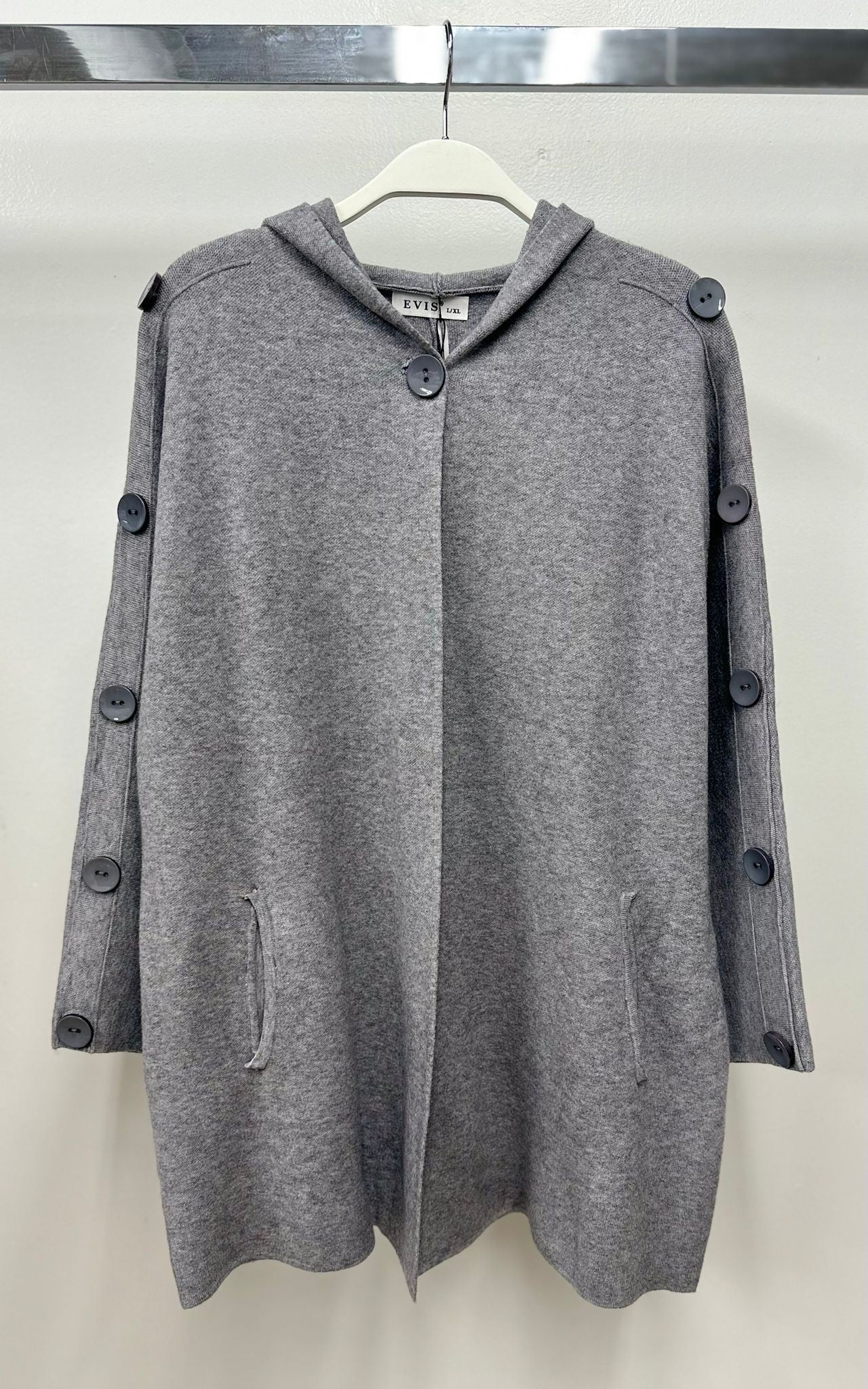 KNIT HOODED PONCHO WITH BUTTON DETAIL ON SLEEVE IN CHARCOAL GREY