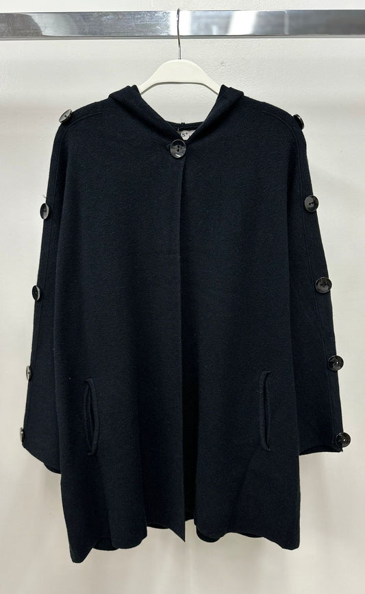 KNIT HOODED PONCHO WITH BUTTON DETAIL ON SLEEVE IN BLACK