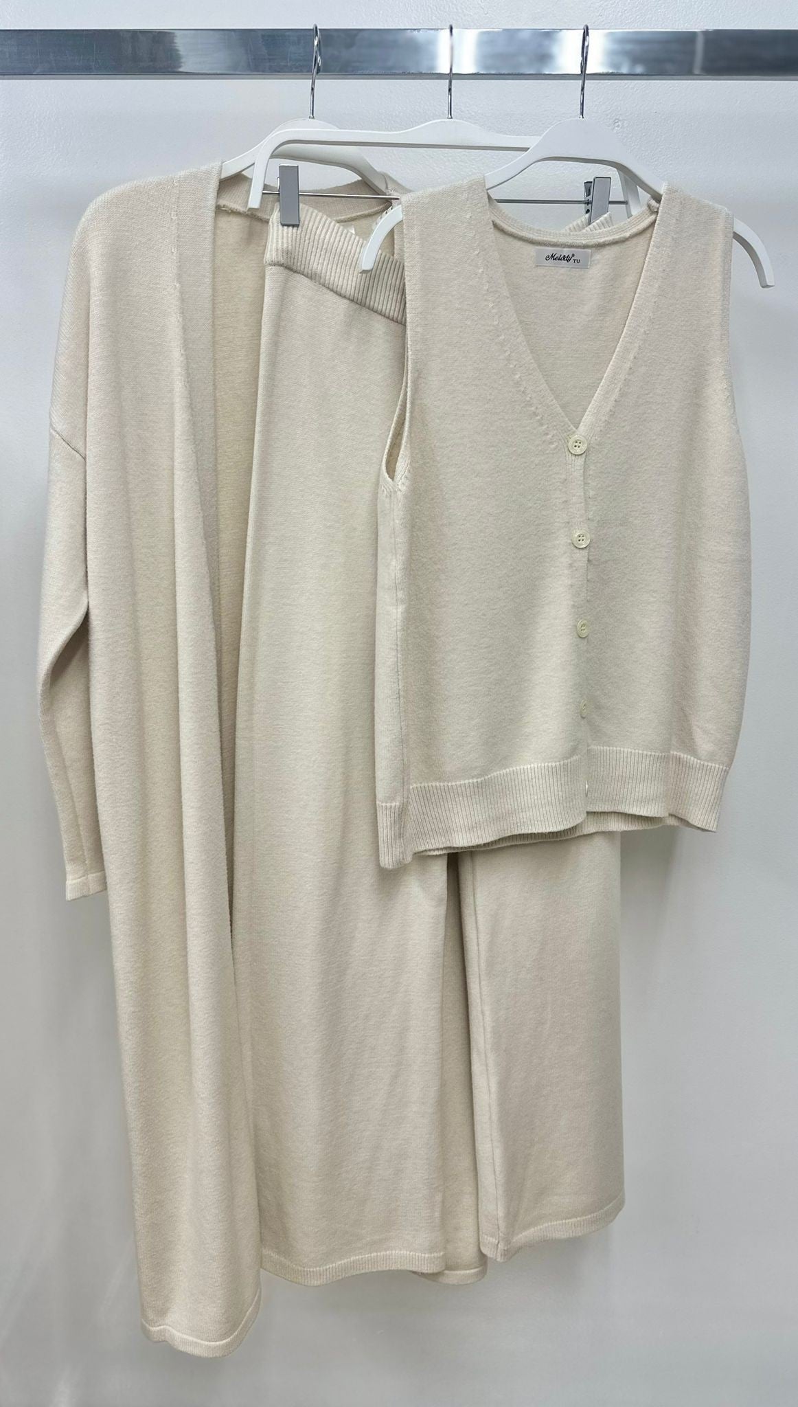 KNIT VEST, KNIT PANTS, AND LONG CARDIGAN 3 PC SET in BEIGE, BLACK, IVORY MOCHA  ONE SIZE