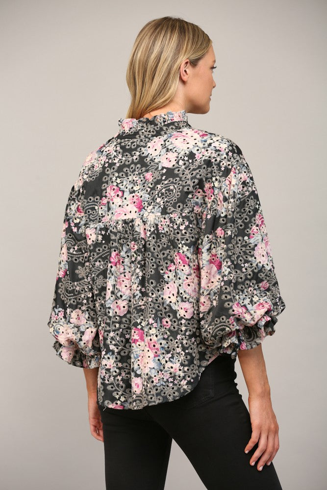 FLORAL PRINT BRODERIE BUBBLE SLEEVE BLOUSE