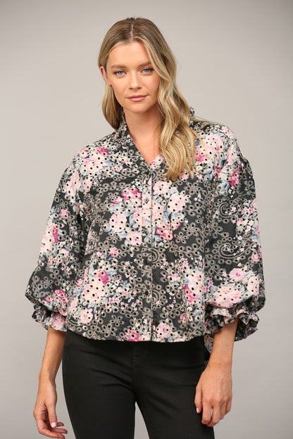 FLORAL PRINT BRODERIE BUBBLE SLEEVE BLOUSE