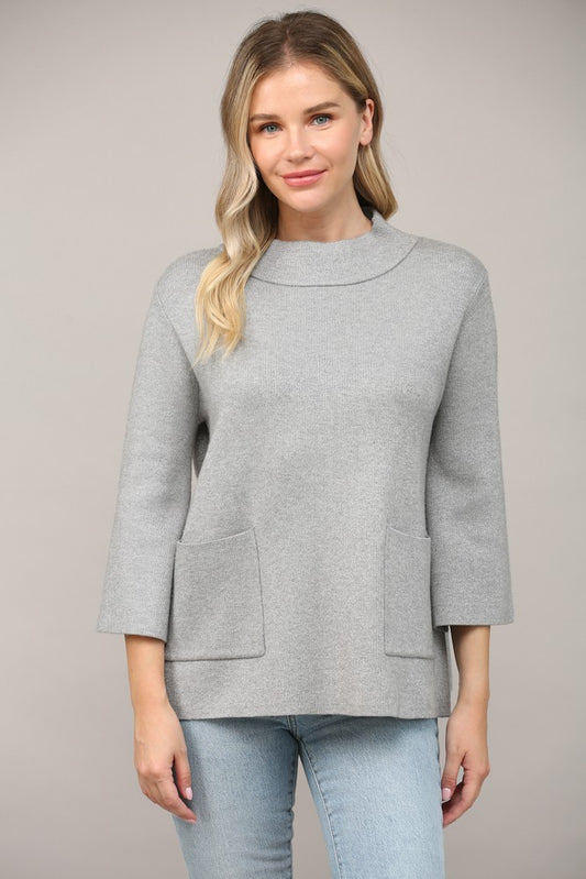 GLITTER YARN FRONT POCKET DETAIL MOCK NECK SWEATER in SILVER