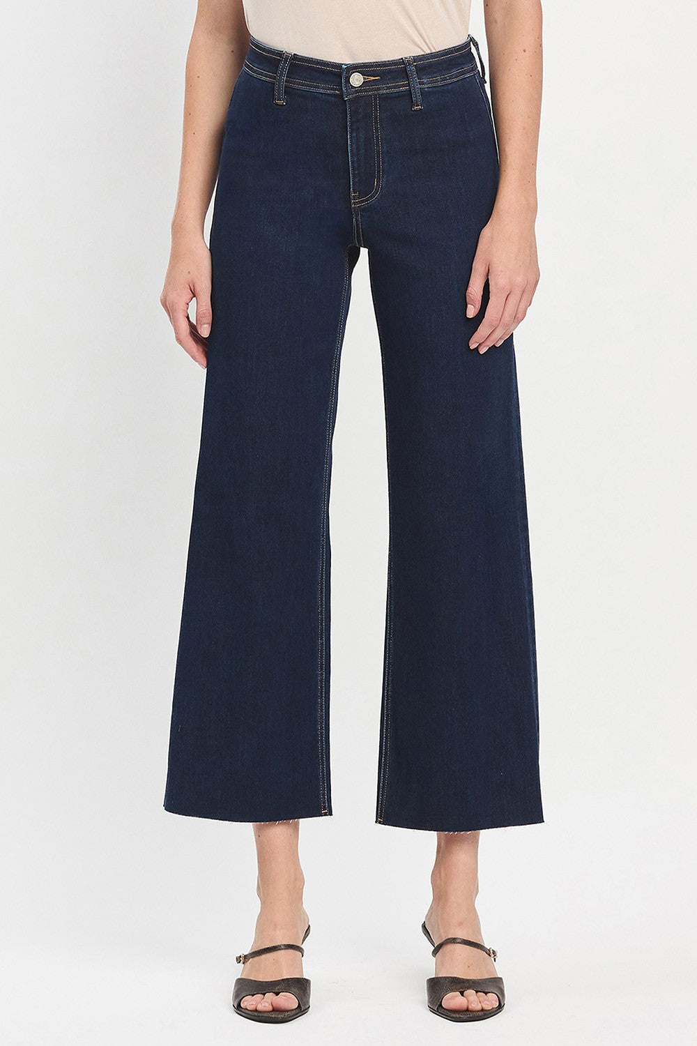 VERVET HIGH RISE CLEAN CUT RAW HEM ANKLE WIDE JEANS