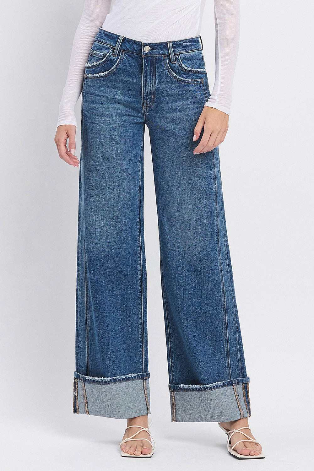 VERVET HIGH RISE CUFFED PANEL BAGGY WIDE JEANS