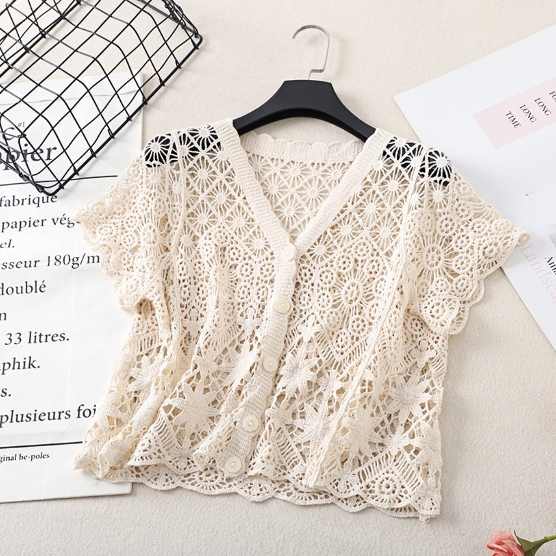 BEIGE Crochet Hollow-Out Short-Sleeve Cardigan O/S