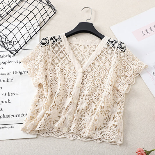 BEIGE Crochet Hollow-Out Short-Sleeve Cardigan O/S