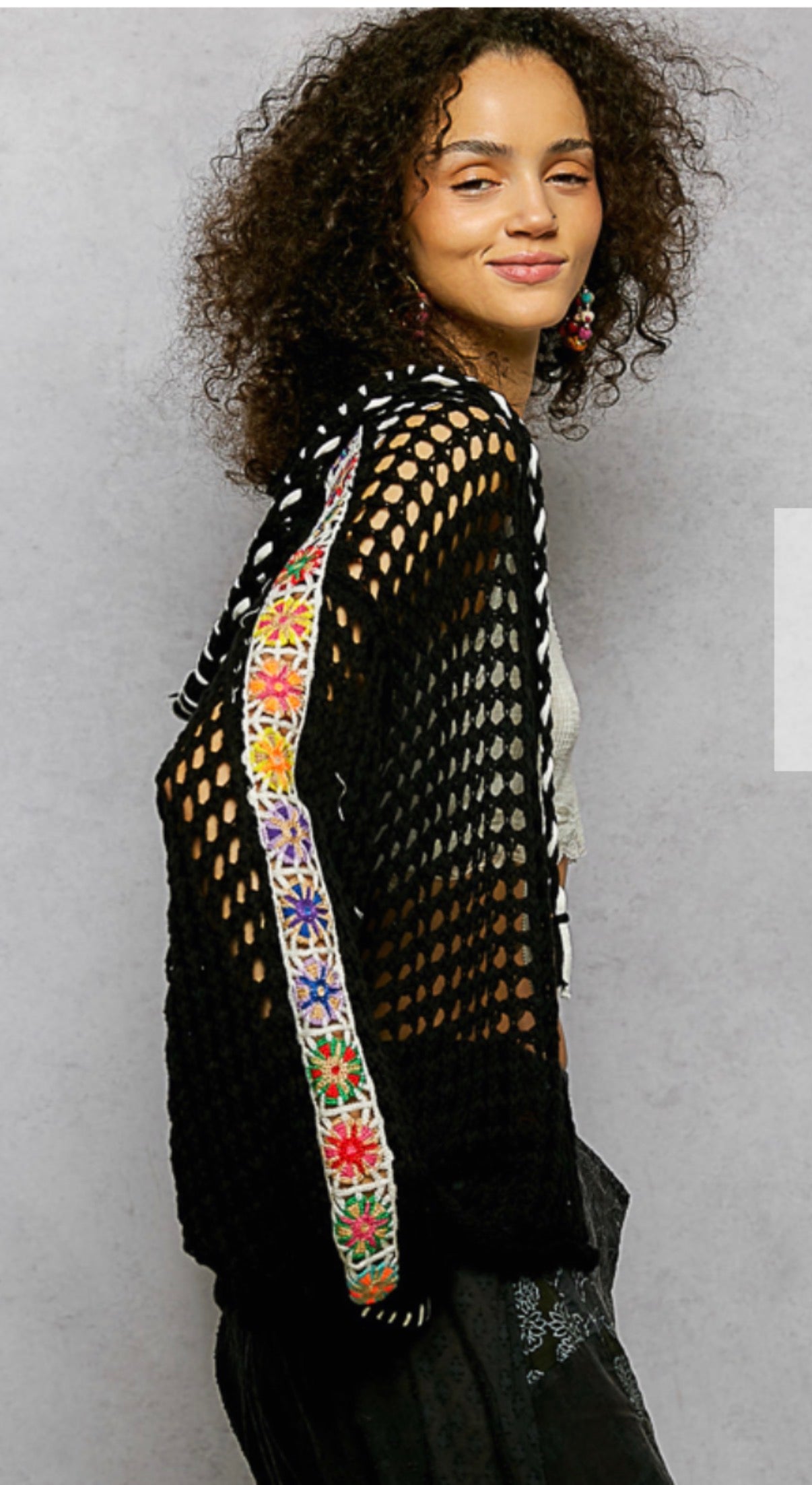 Black zip up crochet sweater with granny square