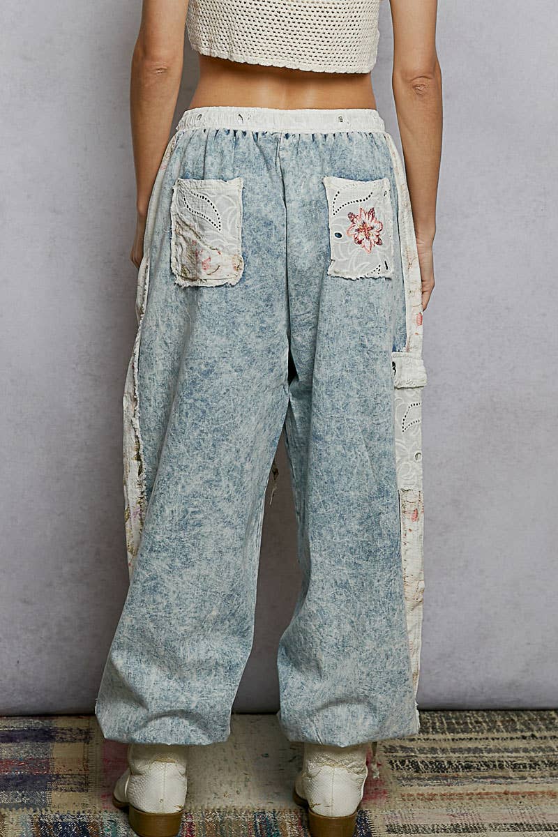 Floral Embroidery Print Patch Denim Jogger Pants