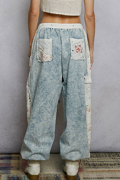 Floral Embroidery Print Patch Denim Jogger Pants