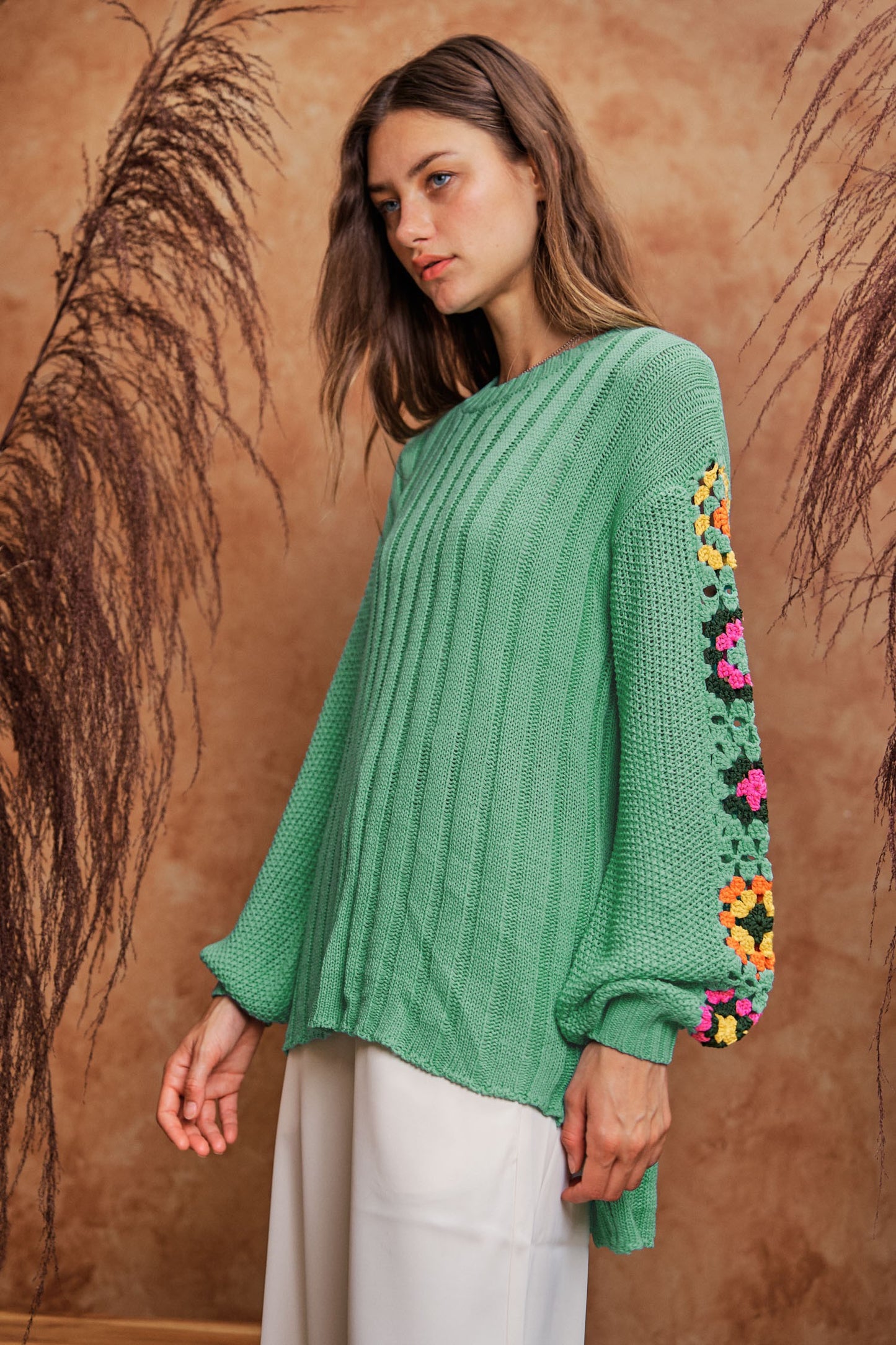 MINT GREEN SWEATER WITH CROCHET ARMS