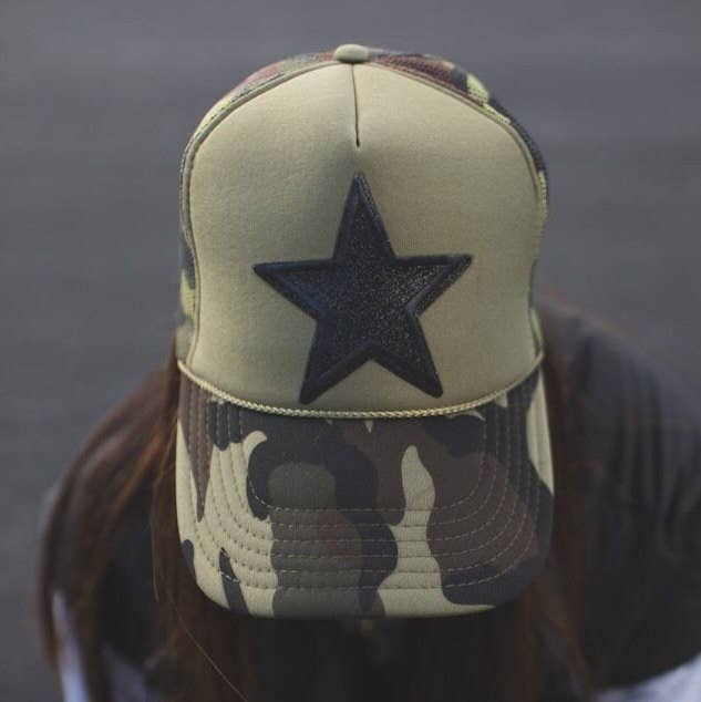 Otto Dark Camo Trucker Hat with Black Sparkle Star
