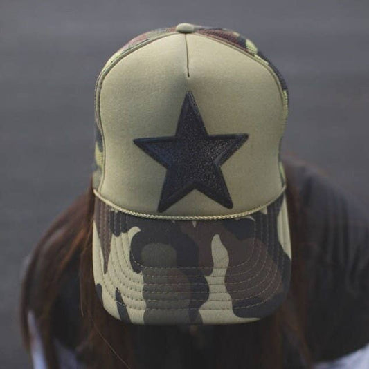 Otto Dark Camo Trucker Hat with Black Sparkle Star