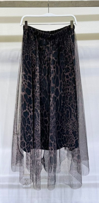 LEOPARD PRINT MESH LAYERED ELASTIC WAISTBAND MIDI SKIRT ONE SIZE
