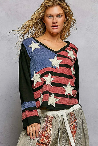 AMERICAN FLAG PATCH LS TOP IN BLACK