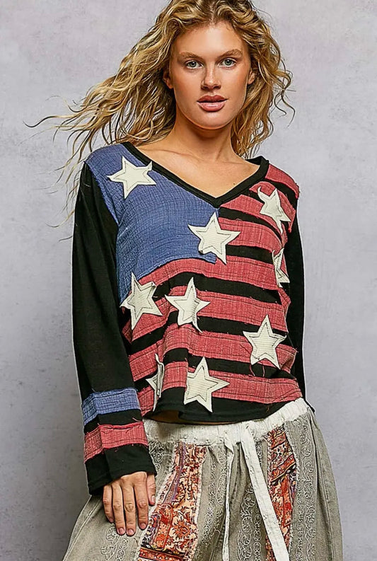 AMERICAN FLAG PATCH LS TOP IN BLACK
