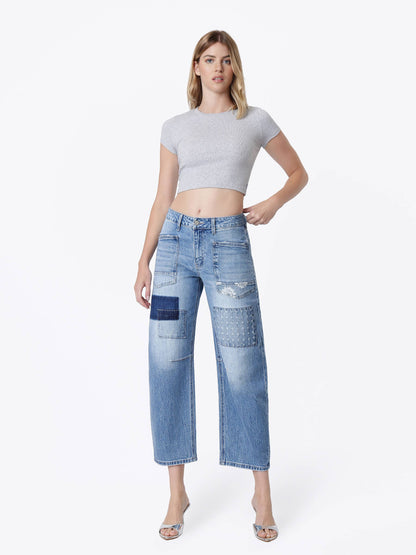 VERVET HIGH RISE PATCHWORK DETAIL BARREL JEANS