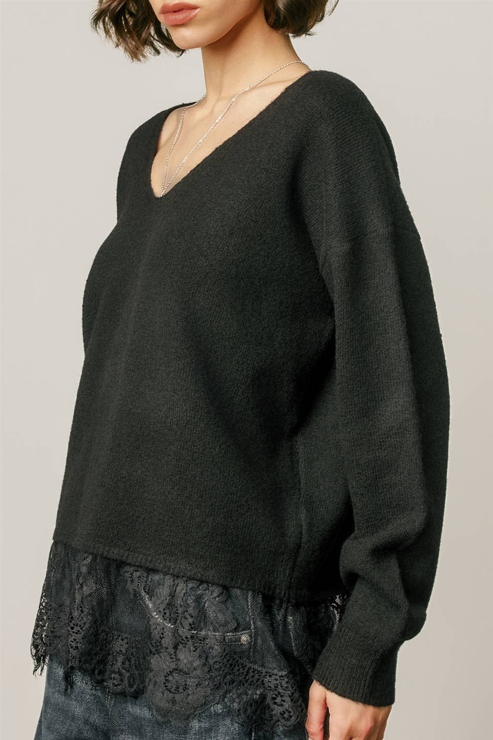 Lace Hem V-Neck Relaxed Sweater