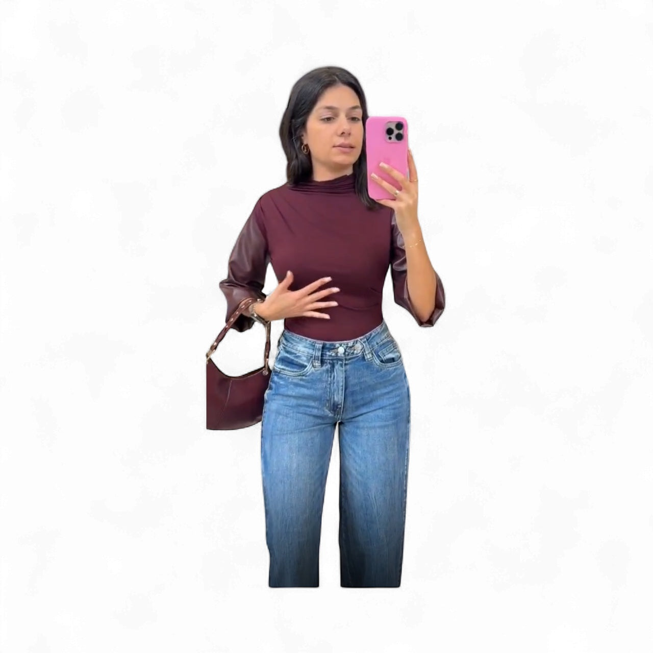 VAVA BETTY MOCK NECK BUBBLE SLEEVE IN DARk WINE FAUX LEATHER