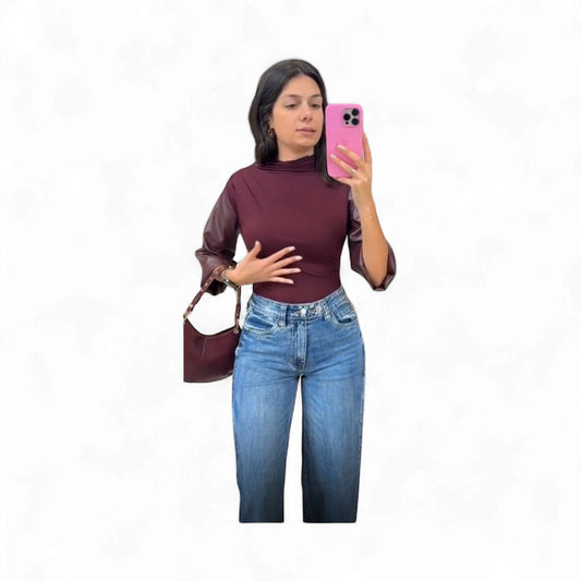 VAVA BETTY MOCK NECK BUBBLE SLEEVE IN DARk WINE FAUX LEATHER