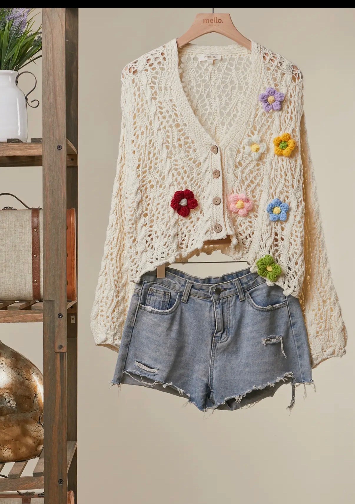 FLORAL CROCHET CARDIGAN IVORY Top