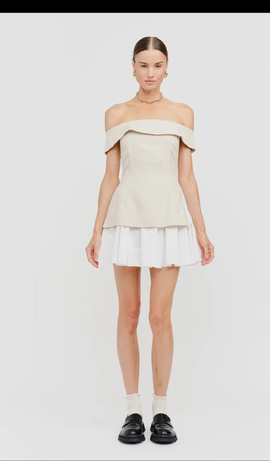 VALERIE DRESS LINEN BLEND MINI OFF SHOULDER DRESS