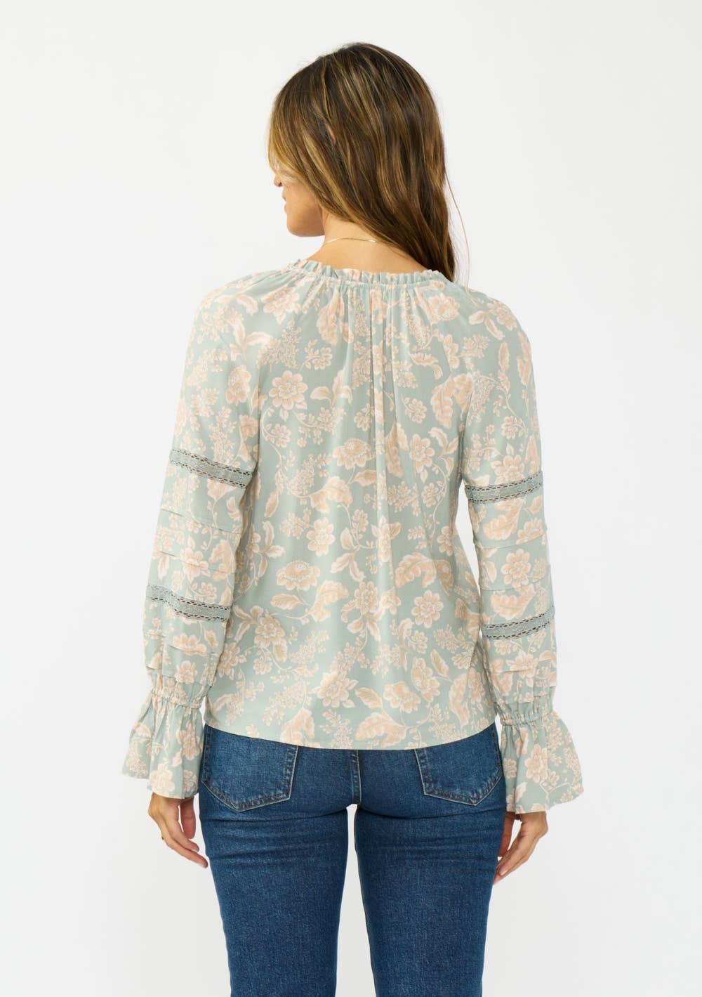 Long Sleeve Button Front Blouse w/ Lace Trim