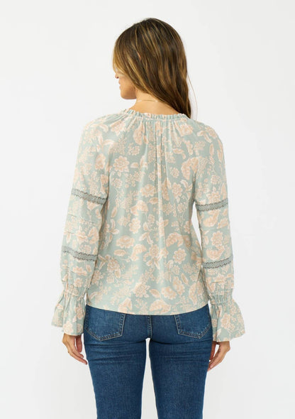 Long Sleeve Button Front Blouse w/ Lace Trim