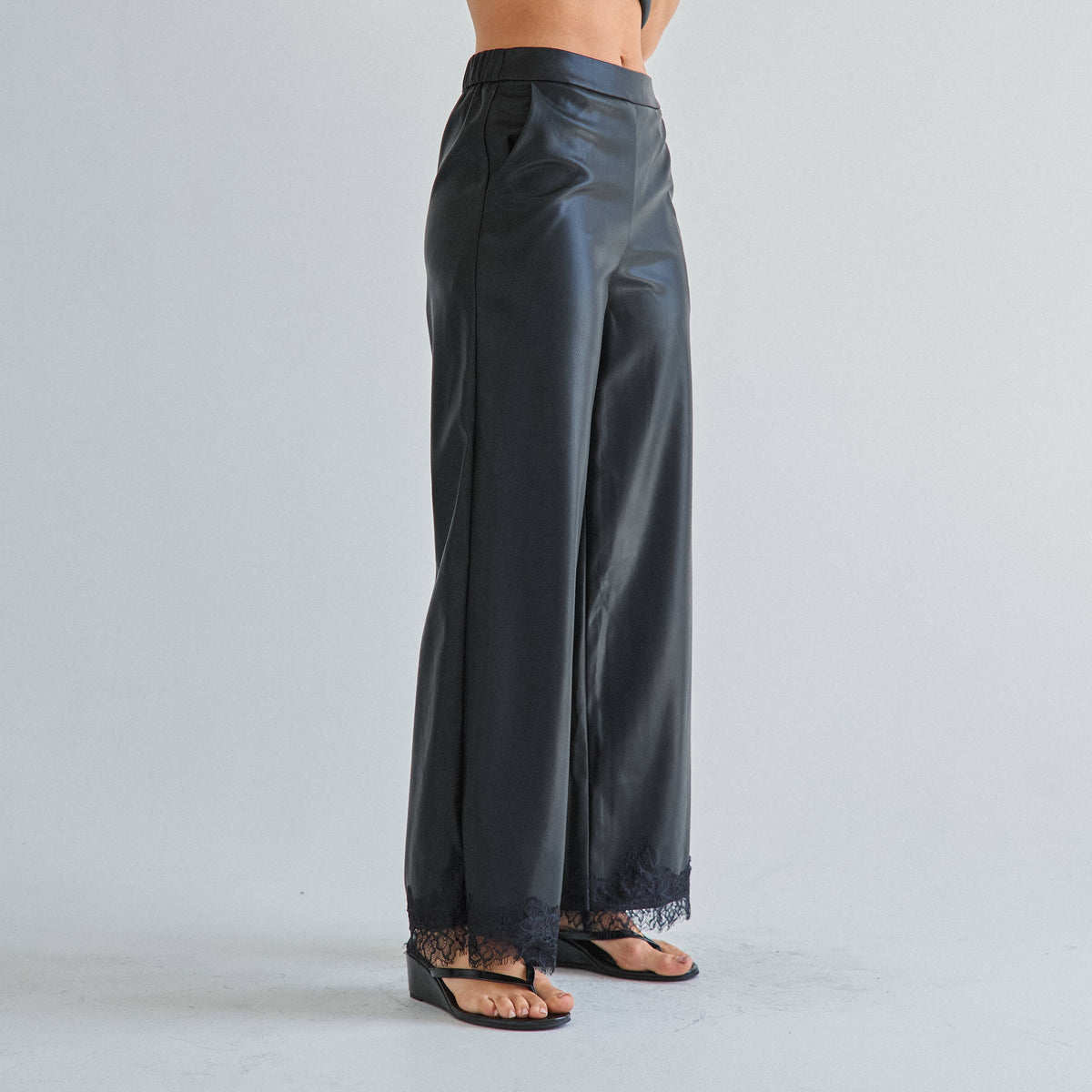 Black Lace trim vegan leather cami top & pants set