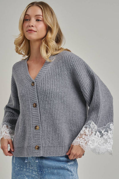 LOOSE FIT SOFT V NECK SWEATER CARDIGAN WITH LACE