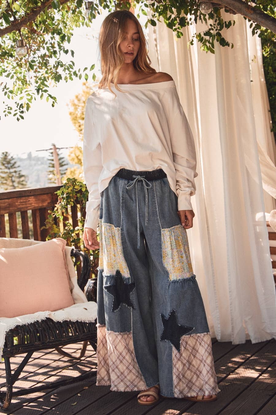 Mixed Fabric Patchwork Wide Leg Pants