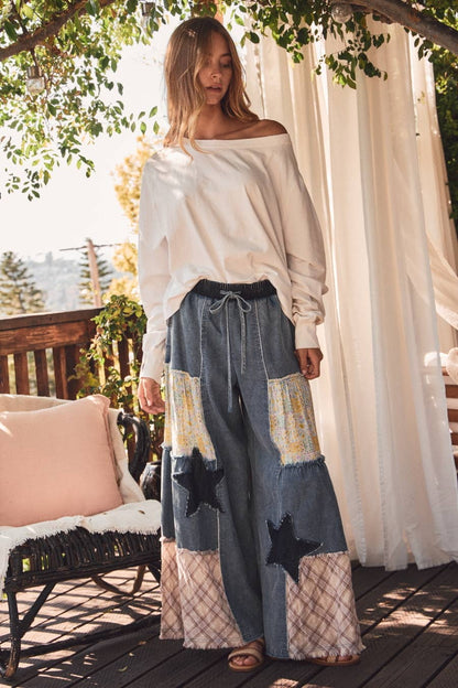 Mixed Fabric Patchwork Wide Leg Pants