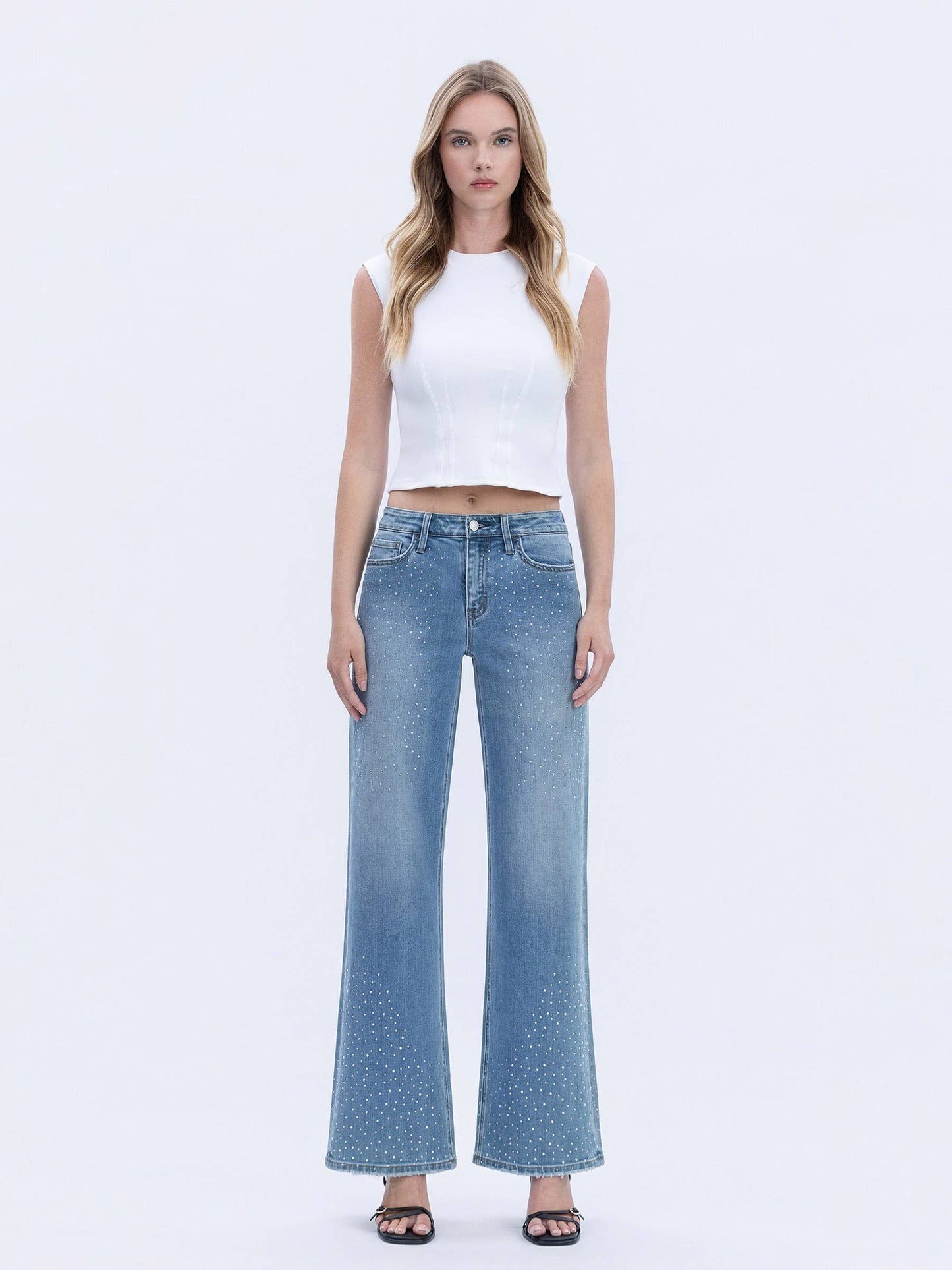 HIGH RISE FRONT RHINESTONE EMBELLISHED WIDE JEANS T6674