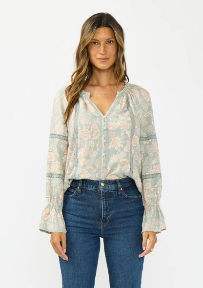 Long Sleeve Button Front Blouse w/ Lace Trim